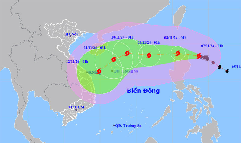 Vị trí và hướng di chuyển của bão Yinxing. (Nguồn: nchmf.gov.vn)