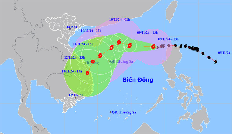 Vị trí và hướng di chuyển của bão số 7 lúc 13 giờ ngày 8/11. (Nguồn: nchmf.gov.vn)