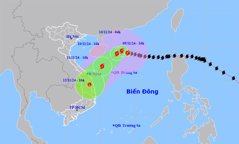 Vị trí và hướng di chuyển của bão số 7 lúc 16 giờ ngày 9/11. (Nguồn: nchmf.gov.vn)