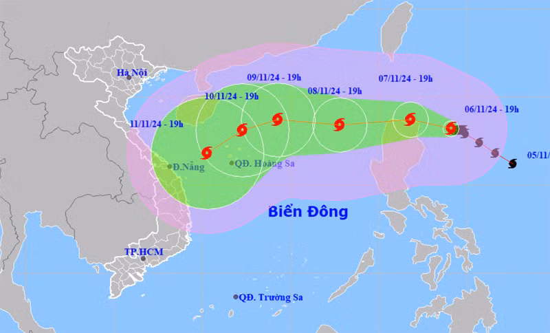 Vị trí và hướng di chuyển của bão Yinxing lúc 19 giờ ngày 6/11. (Nguồn: nchmf.gov.vn)
