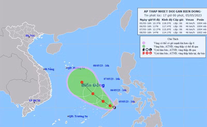 Vị trí và hướng di chuyển của áp thấp nhiệt đới trên Biển Đông. (Nguồn: nchmf.gov.vn)