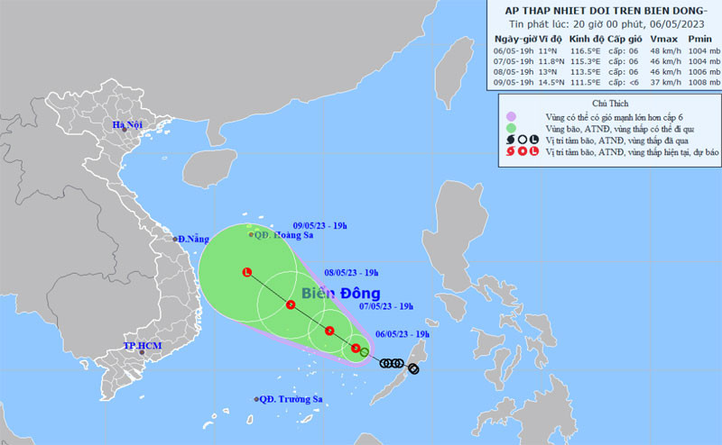 Vị trí và hướng di chuyển của áp thấp nhiệt đới. (Nguồn: nchmf.gov.vn)