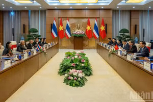 Quang cảnh hội đàm giữa Chủ tịch Quốc hội Trần Thanh Mẫn và Chủ tịch Quốc hội kiêm Chủ tịch Hạ viện Vương quốc Thái Lan Sophon Zaram. (Ảnh: THỦY NGUYÊN)
