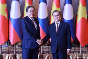 Chủ tịch Quốc hội Trần Thanh Mẫn hội kiến Chủ tịch Quốc hội Lào Saysomphone Phomvihane. (Ảnh: TRỊNH DŨNG - DUY TOÀN)