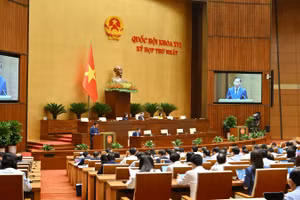 Quốc hội làm việc tại hội trường nghe Tờ trình và Báo cáo thẩm tra dự thảo Nghị quyết của Quốc hội về cơ chế phối hợp, chính sách đặc thù nâng cao hiệu quả phòng ngừa và giải quyết tranh chấp đầu tư quốc tế. (Ảnh: THỦY NGUYÊN)