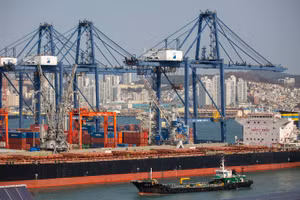 Quang cảnh cảng hàng hóa tại Busan, Hàn Quốc. (Ảnh: THX/TTXVN)