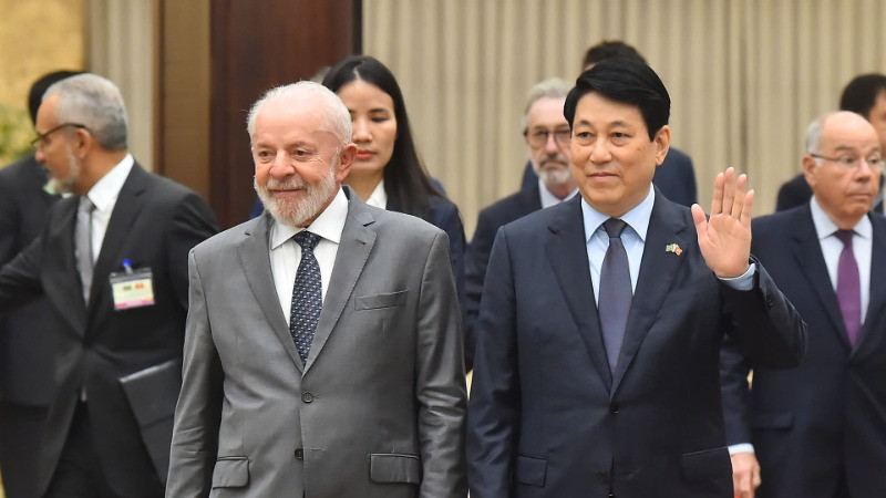 Chủ tịch nước Lương Cường và Tổng thống Luiz Inácio Lula da Silva tại buổi chiêu đãi.