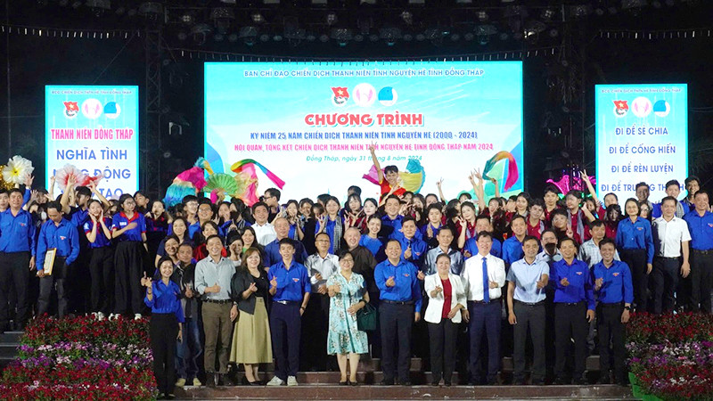 Đại biểu và các bạn đoàn viên, thanh niên chụp ảnh lưu niệm.