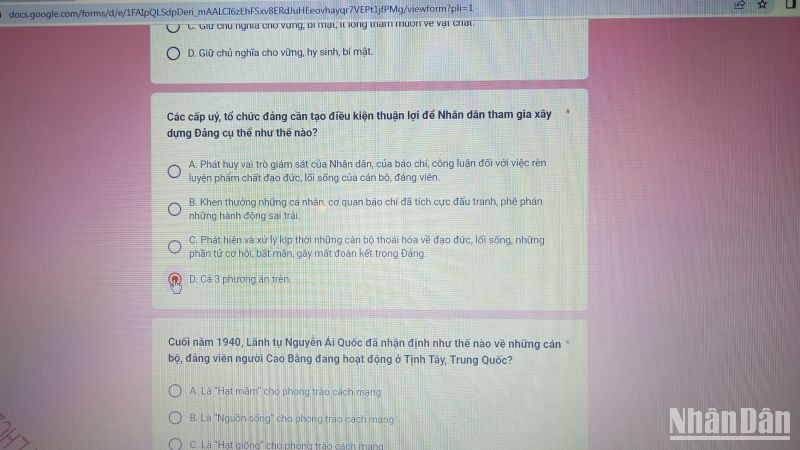 Các câu hỏi trong cuộc thi trắc nghiệm trực tuyến do Ban Tuyên giáo Tỉnh ủy Cao Bằng tổ chức.
