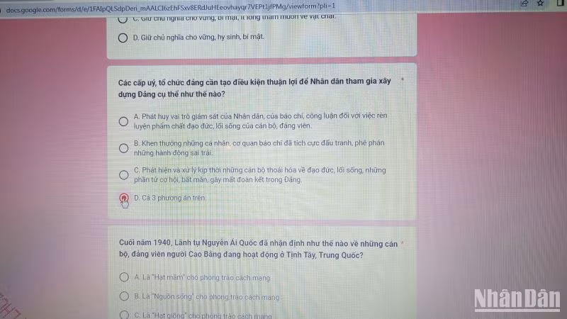 Các câu hỏi trong cuộc thi trắc nghiệm trực tuyến do Ban Tuyên giáo Tỉnh ủy Cao Bằng tổ chức.