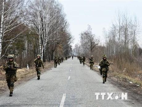 Binh sĩ Ukraine diễn tập quân sự tại một địa điểm không xác định. (Ảnh: AFP/TTXVN)