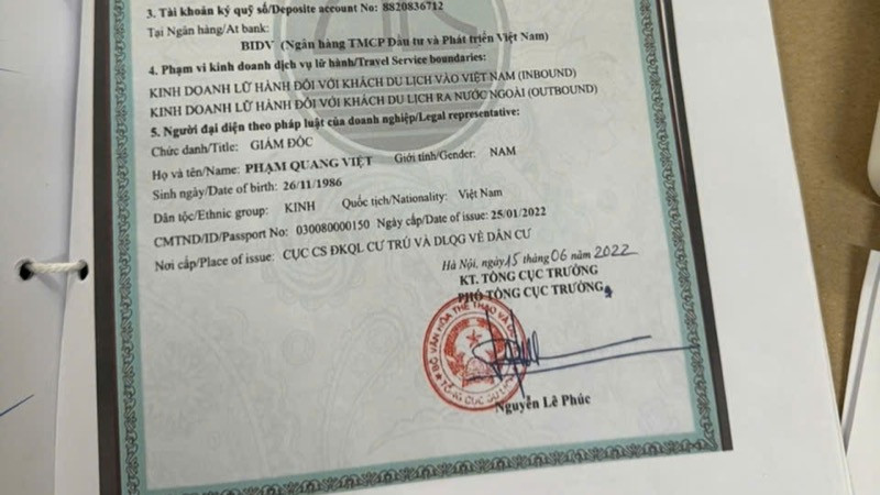 Đối tượng giả mạo số giấy phép lữ hành quốc tế.