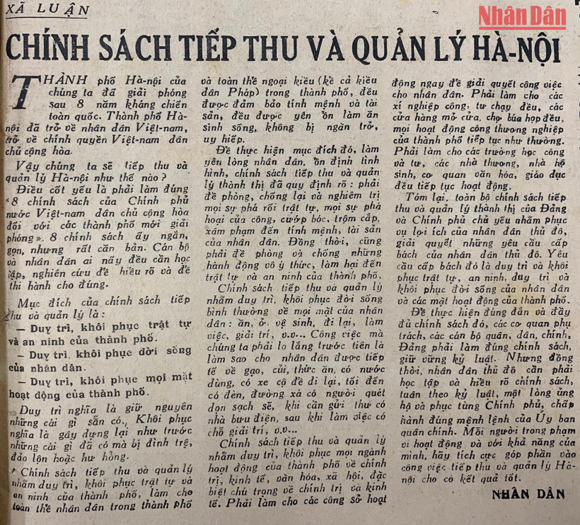 Bài xã luận đăng trên Báo Nhân số ra ngày 11-12/10/1954.