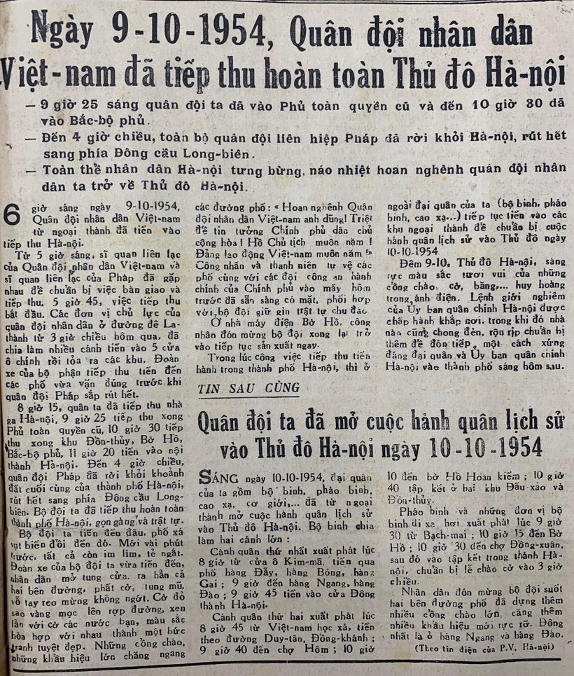 [Báo Nhân Dân, ngày 11-12/10/1954): Quân đội nhân dân Việt Nam đã tiếp thu hoàn toàn Thủ đô Hà Nội
