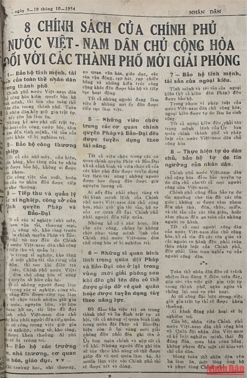 "8 chính sách của Chính phủ nước Việt Nam Dân chủ Cộng hòa đối với các thành phố mới giải phóng" đăng trên Báo Nhân Dân, số ra ngày 9-10/10/1954.