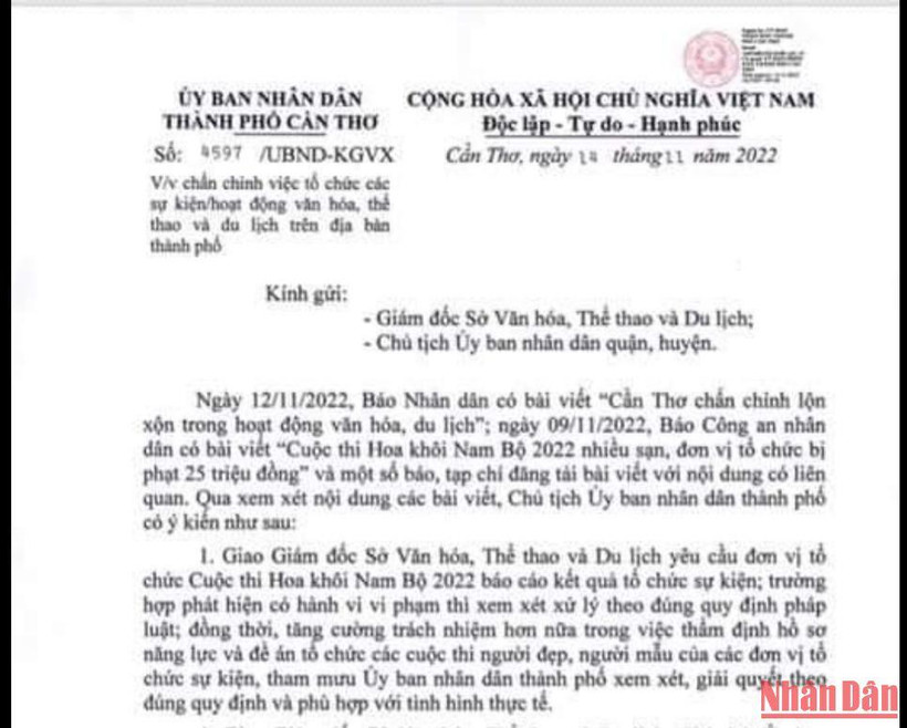 UBND thành phố Cần Thơ ban hành văn bản chấn chỉnh các hoạt động văn hóa, du lịch sau phản ánh của Báo Nhân Dân.