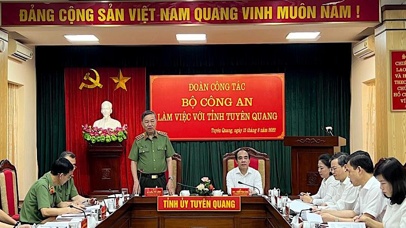 Đại tướng Tô Lâm, Ủy viên Bộ Chính trị, Bộ trưởng Công an phát biểu tại buổi làm việc.