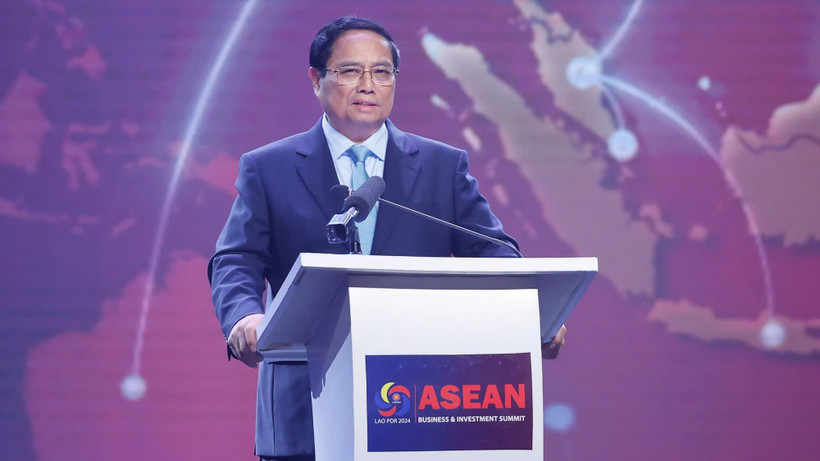 Thủ tướng Phạm Minh Chính phát biểu ý kiến tại Hội nghị Thượng đỉnh Kinh doanh và Đầu tư ASEAN 2024. (Ảnh: Nhật Bắc/VGP)
