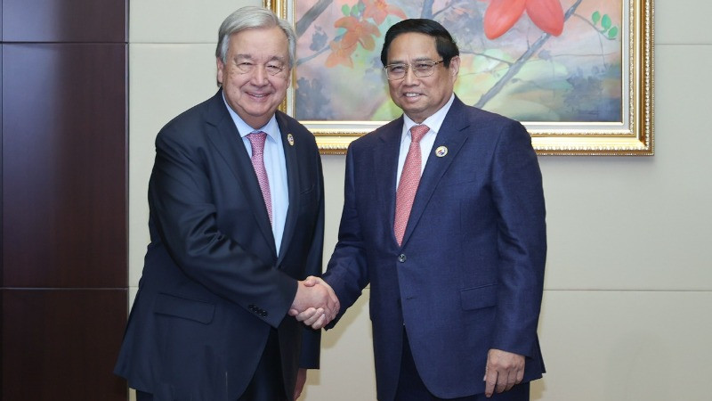Thủ tướng Chính phủ Phạm Minh Chính và Tổng Thư ký Liên hợp quốc António Guterres. (Ảnh: Nhật Bắc/VGP)
