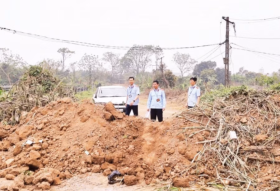 Kiểm soát viên đê điều kiểm tra, xử lý vi phạm tại bãi sông Hồng. (Ảnh VIỆT TUẤN)