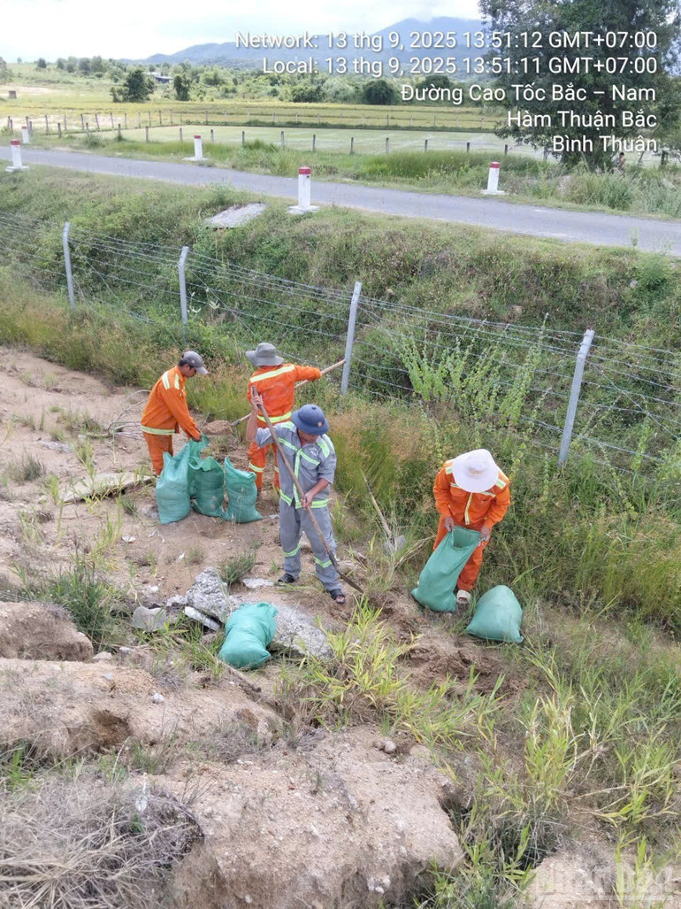 Công nhân lấy cát chặn vào những khu vực bị xói lở mạnh ta-luy. ndo_br_sat-lo4.jpg