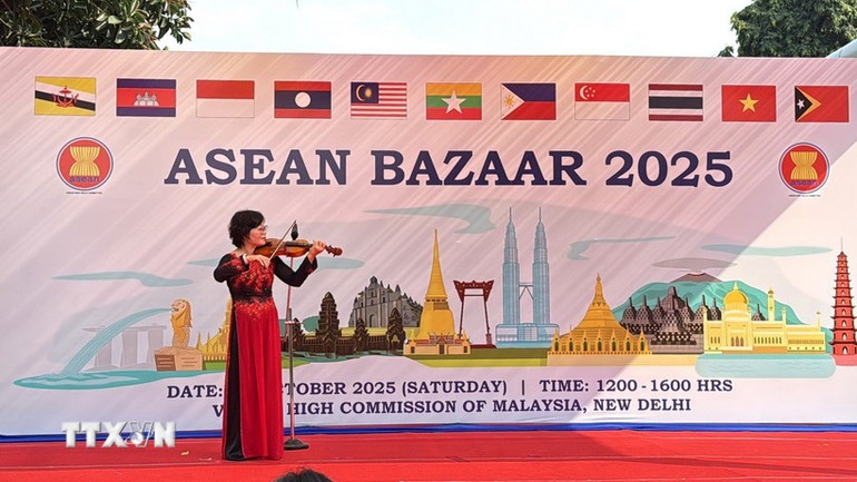 Tiết mục biểu diễn đàn violon bài "Bèo dạt mây trôi" của một thành viên đoàn Việt Nam. (Ảnh: TTXVN) asean-4-resize.jpg