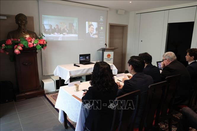 Hội thảo cũng có sự tham dự của đại diện các bộ ngành liên quan ở Việt Nam theo hình thức trực tuyến. (Ảnh: TTXVN)