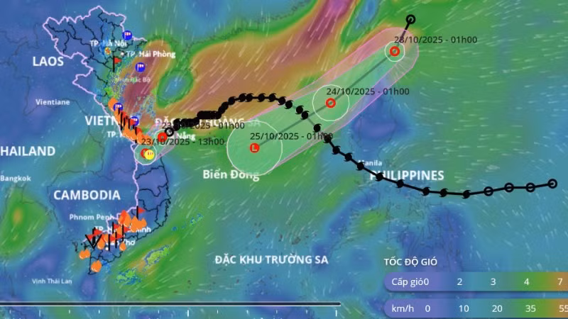 Cập nhật hướng di chuyển của áp thấp nhiệt đới suy yếu từ cơn bão số 12 lúc 7 giờ 30 phút sáng 23/10. (Nguồn: Hệ thống Giám sát thiên tai Việt Nam)