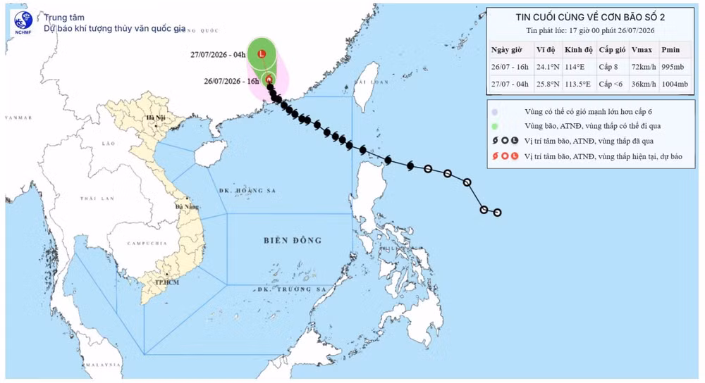 Bản đồ quỹ đạo bão số 2. (Nguồn: Trung tâm Dự báo khí tượng thủy văn quốc gia)