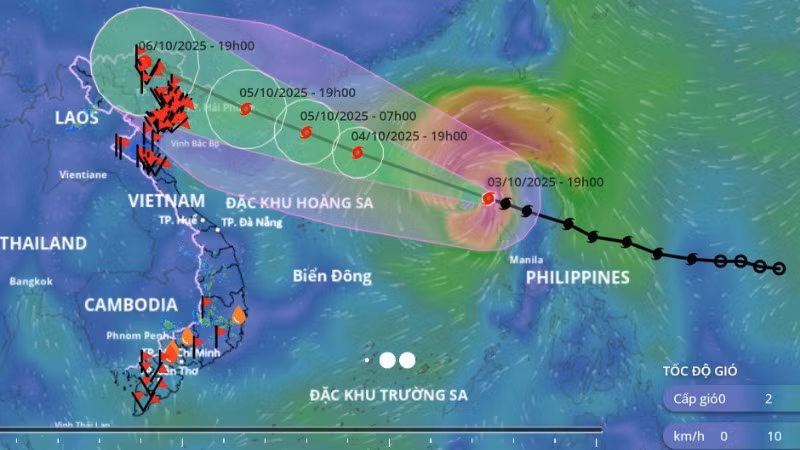 Hướng di chuyển và cường độ bão số 11 lúc 20 giờ ngày 3/10/2025. (Nguồn: Hệ thống Giám sát thiên tai Việt Nam)
