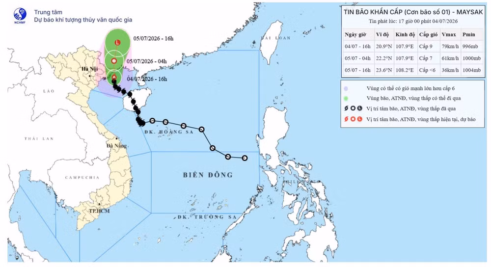 Bản đồ dự báo quỹ đạo của bão số 1 lúc 17 giờ ngày 4/7/2026. (Nguồn: Trung tâm Dự báo khí tượng thủy văn quốc gia)