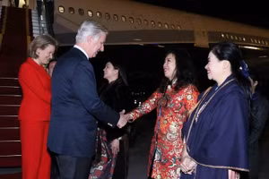 Đại biểu đón Nhà vua Bỉ Philippe và Hoàng hậu Mathilde tại sân bay quốc tế Nội Bài. (Ảnh: An Đăng/TTXVN)