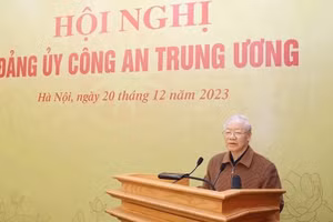 Tổng Bí thư Nguyễn Phú Trọng phát biểu tại Hội nghị Đảng ủy Công an Trung ương năm 2023. (Ảnh: TTXVN)