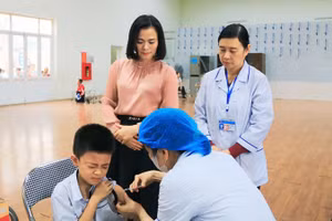 Cán bộ y tế tiêm vaccine sởi cho trẻ trên địa bàn huyện Thanh Oai (Hà Nội). Ảnh: Duy Tuân.