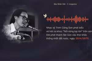 Nhạc sĩ Trịnh Công Sơn phát biểu và hát ca khúc Nối vòng tay lớn trên sóng Đài Phát thanh Sài Gòn ngày 30/4/1975