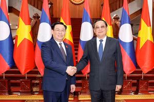 Chủ tịch Quốc hội Vương Đình Huệ hội kiến Thủ tướng Chính phủ Lào Sonexay Siphandone. (Ảnh: TTXVN)