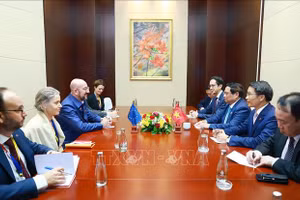 Thủ tướng Phạm Minh Chính gặp Chủ tịch Hội đồng châu Âu Charles Michel. (Ảnh: Dương Giang/TTXVN)