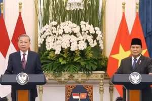 Tổng Bí thư Tô Lâm và Tổng thống Cộng hòa Indonesia Prabowo Subianto phát biểu trước báo chí truyền thông, tuyên bố nâng cấp quan hệ Việt Nam-Indonesia lên Đối tác chiến lược toàn diện. (Ảnh: Thống Nhất/TTXVN)