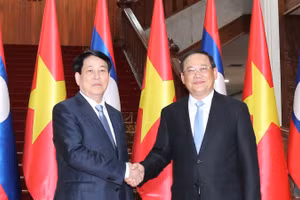 Chủ tịch nước Lương Cường hội kiến Thủ tướng Chính phủ Lào Sonexay Siphandone. (Ảnh: Lâm Khánh/TTXVN) 