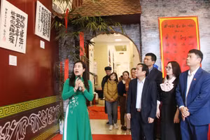 Các đại biểu tham quan trưng bày cổ vật, hiện vật tiêu biểu thời Lý-Trần. Ảnh: THU THỦY