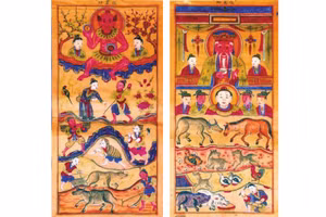 Ảnh minh họa: Bộ tranh “Thần Nông và Địa Trạch” của dân tộc Cao Lan-Sán Chỉ do nghệ nhân Hàng Trống thể hiện. (Nguồn: Báo ảnh Dân tộc và Miền núi)