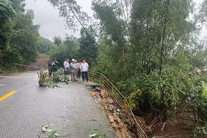 Phó Chủ tịch Ủy ban nhân dân tỉnh Quảng Ngãi Trần Phước Hiền kiểm tra điểm sạt lở trên tuyến ĐT.624B tại vị trí Km19+800 thuộc thôn Thuận Hòa, xã Hành Thịnh, huyện Nghĩa Hành.