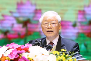 Tổng Bí thư Nguyễn Phú Trọng phát biểu tại lễ kỷ niệm. (Ảnh: VIẾT CHUNG - ĐĂNG ANH)