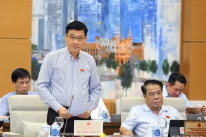 Chủ nhiệm Ủy ban Kinh tế của Quốc hội Vũ Hồng Thanh trình bày báo cáo tóm tắt thẩm tra dự thảo Luật Đất đai (sửa đổi) trong phiên họp chiều 11/5. (Ảnh: DUY LINH)