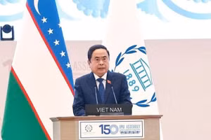 Chủ tịch Quốc hội Trần Thanh Mẫn phát biểu tại Phiên thảo luận chung IPU-150. (Ảnh: TTXVN)
