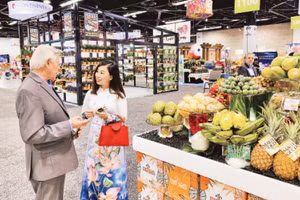 Tổng Giám đốc Công ty cổ phần Tập đoàn Xuất nhập khẩu trái cây Chánh Thu Ngô Tường Vy trao đổi với đối tác xuất khẩu trái cây tại Mỹ.