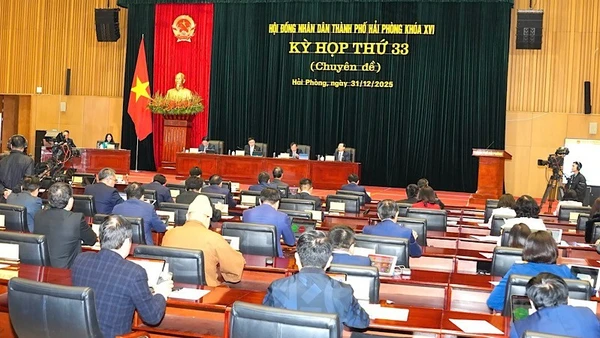 Quang cảnh Kỳ họp thứ 33, Hội đồng nhân dân thành phố Hải Phòng khóa XVI, nhiệm kỳ 2021-2026.