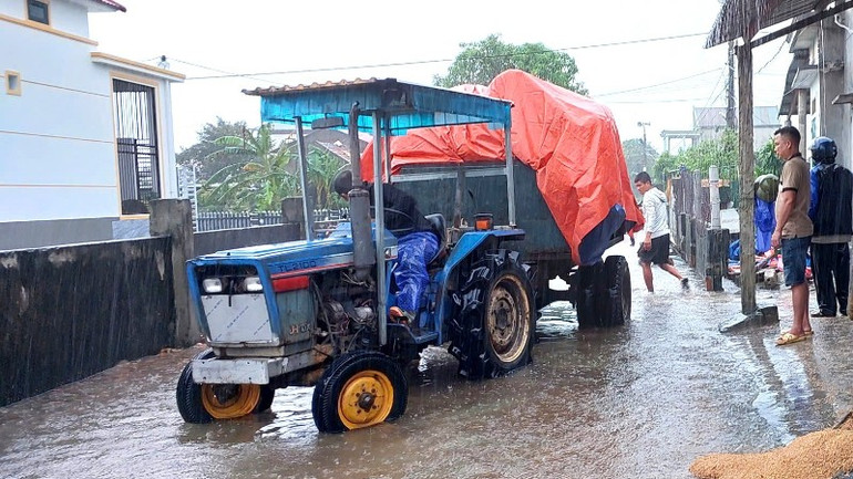 Người dân dùng máy cày chở lúa đi tránh lũ. z7174283374461-63fdcad373ecf2de28db007d0593c342-9603.jpg