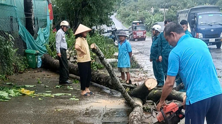 Cơ quan chức năng cùng người dân dọn dẹp cây xanh, cột điện ngã đổ ra Quốc lộ 20 đoạn qua xã Hà Lâm, huyện Đạ Huoai, tỉnh Lâm Đồng. w.jpg