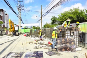 Đơn vị thi công dự án nâng cấp, mở rộng Quốc lộ 91 thi công phần rào chắn công trình.